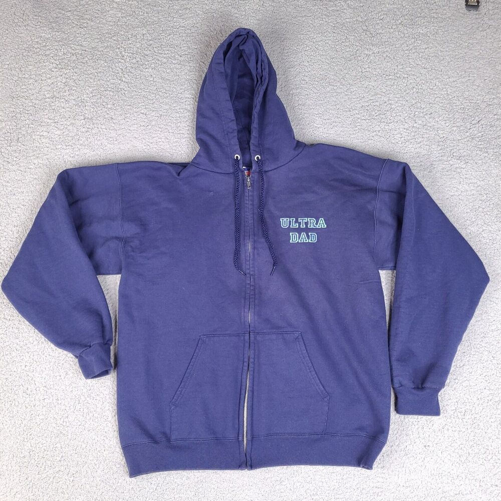 Ultra Dad Hoodie Jacket Mens Medium Blue Full Zip Sweatshirt Father Hanes